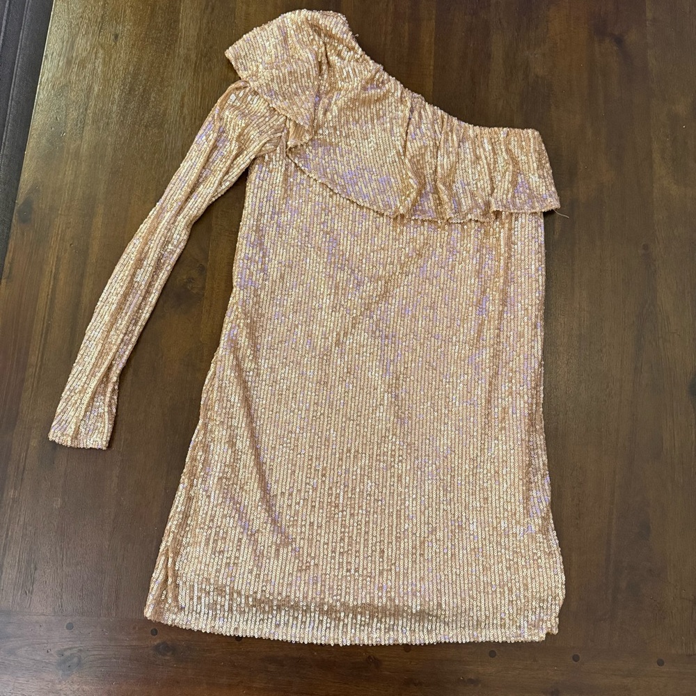 Zara Rose Gold Sequin One‎ Shoulder Ruffle Mini Dress NWT Small